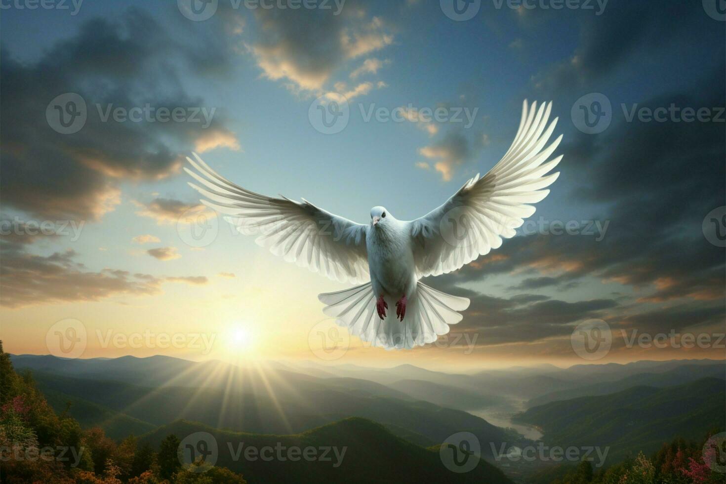 AI generated Peaceful ascent White dove soars with hope in the sky photo