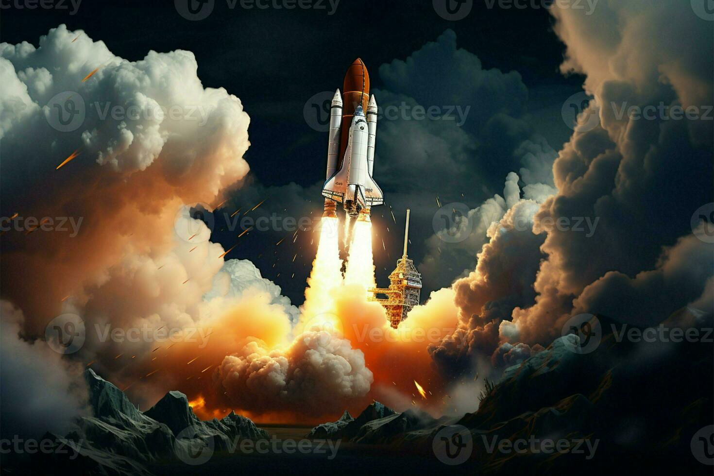 AI generated Interstellar adventure Mixed media portrays a rockets spectacular launch photo