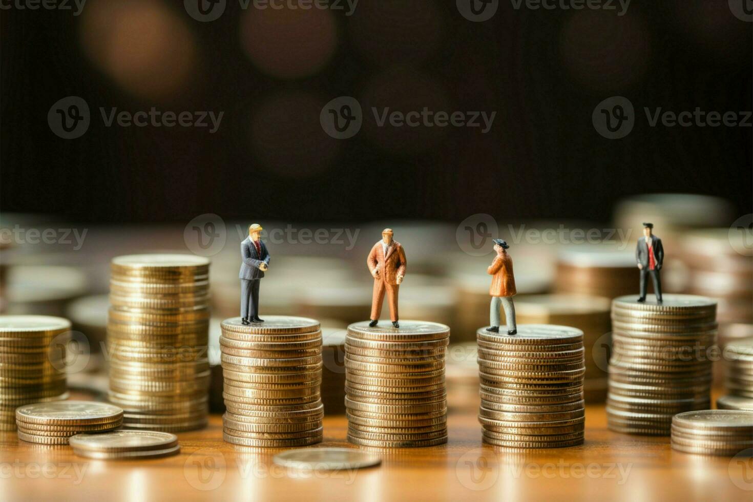 AI generated Business growth Miniature figures on money with wooden background illustration photo
