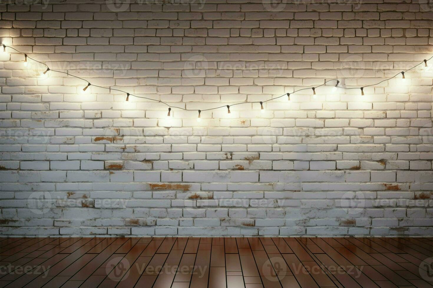 AI generated Seasonal elegance White brick wall with dazzling lights backdrop photo