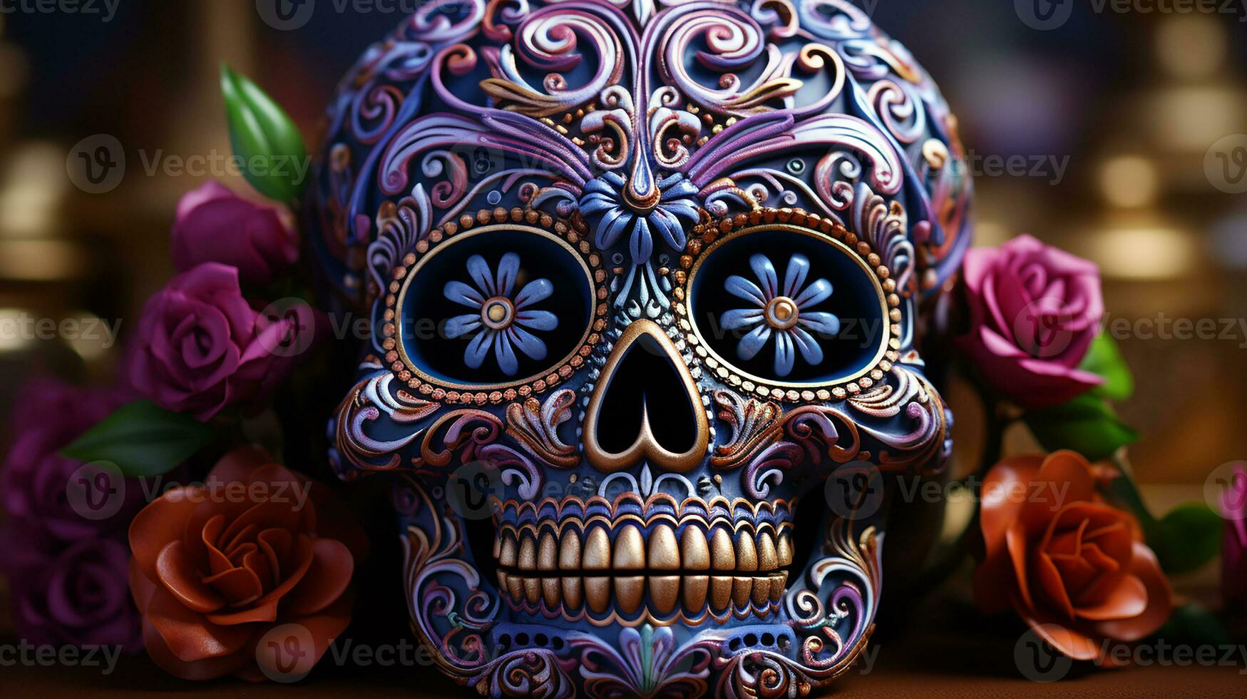 AI generated sugar skull in a purple background, Generative AI. photo