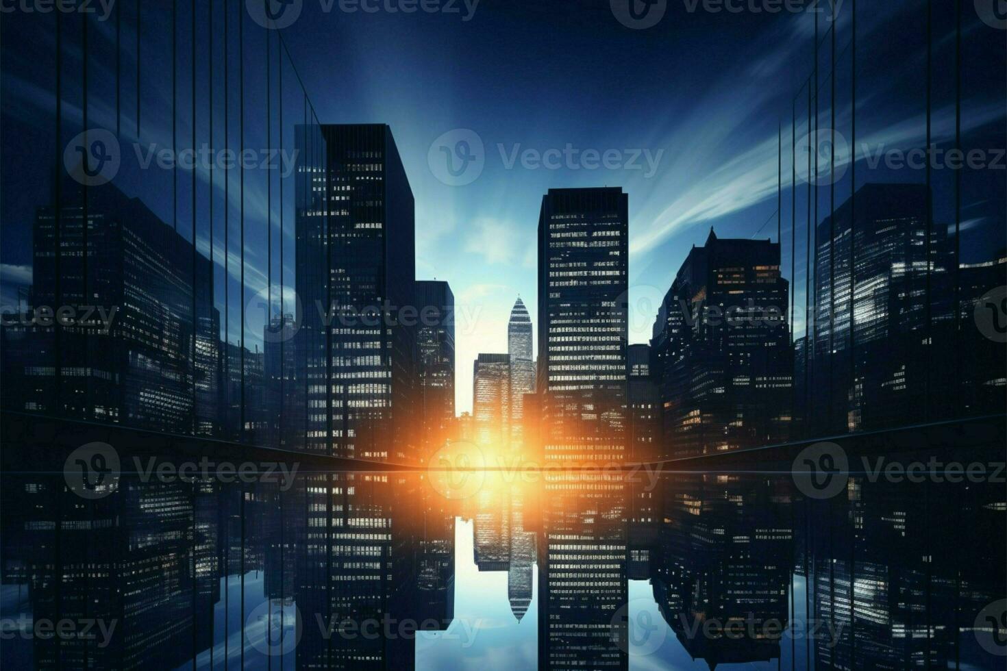 AI generated Cityscape view Low angle perspective of a business district office building photo
