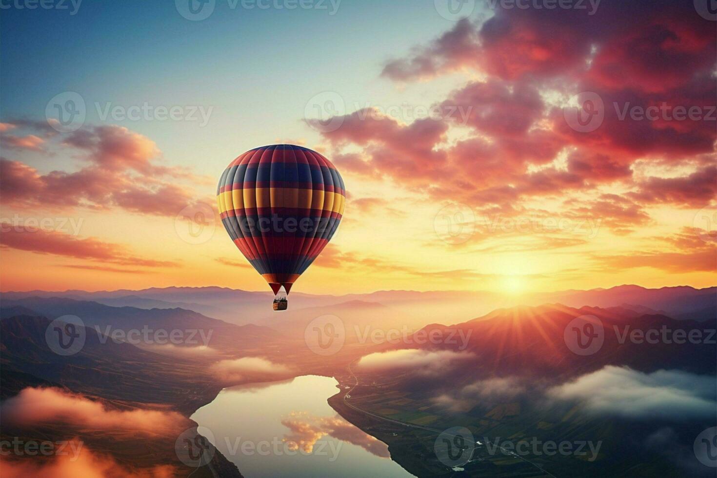 AI generated Balloon journey Sunrise background, hot summer, freedom and travel photo