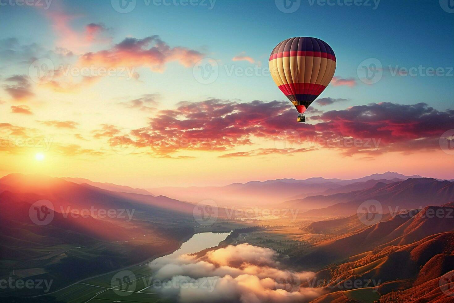 AI generated Airborne joy Hot summer sunrise, balloon travel, nature landscape freedom photo