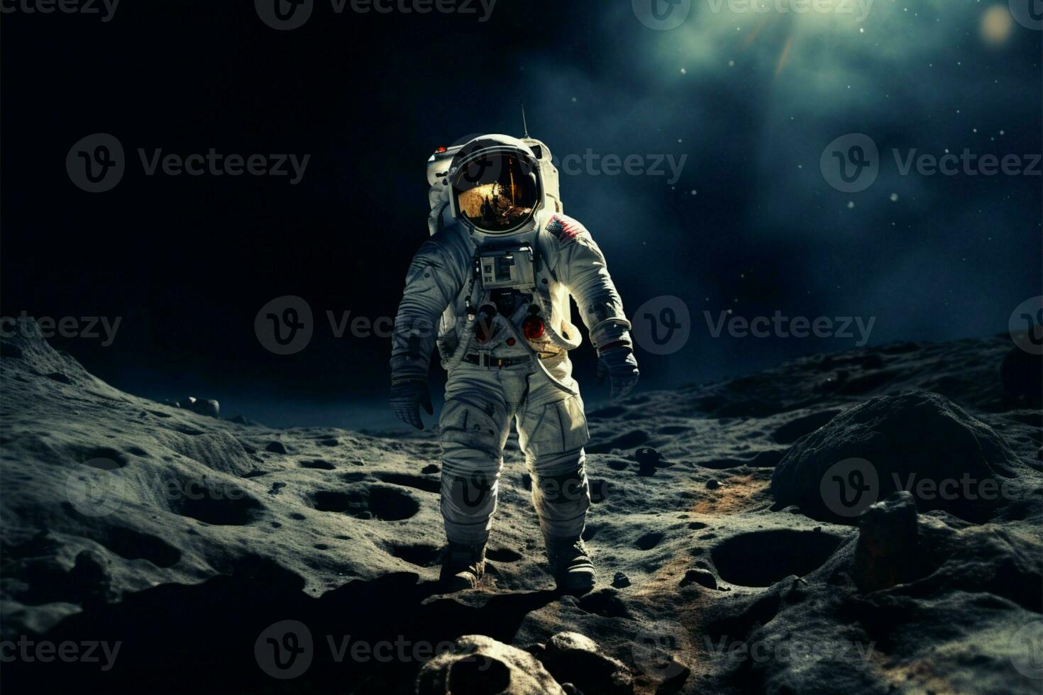 ai generado lunar exploración astronauta en espacio traje camina en el Luna foto