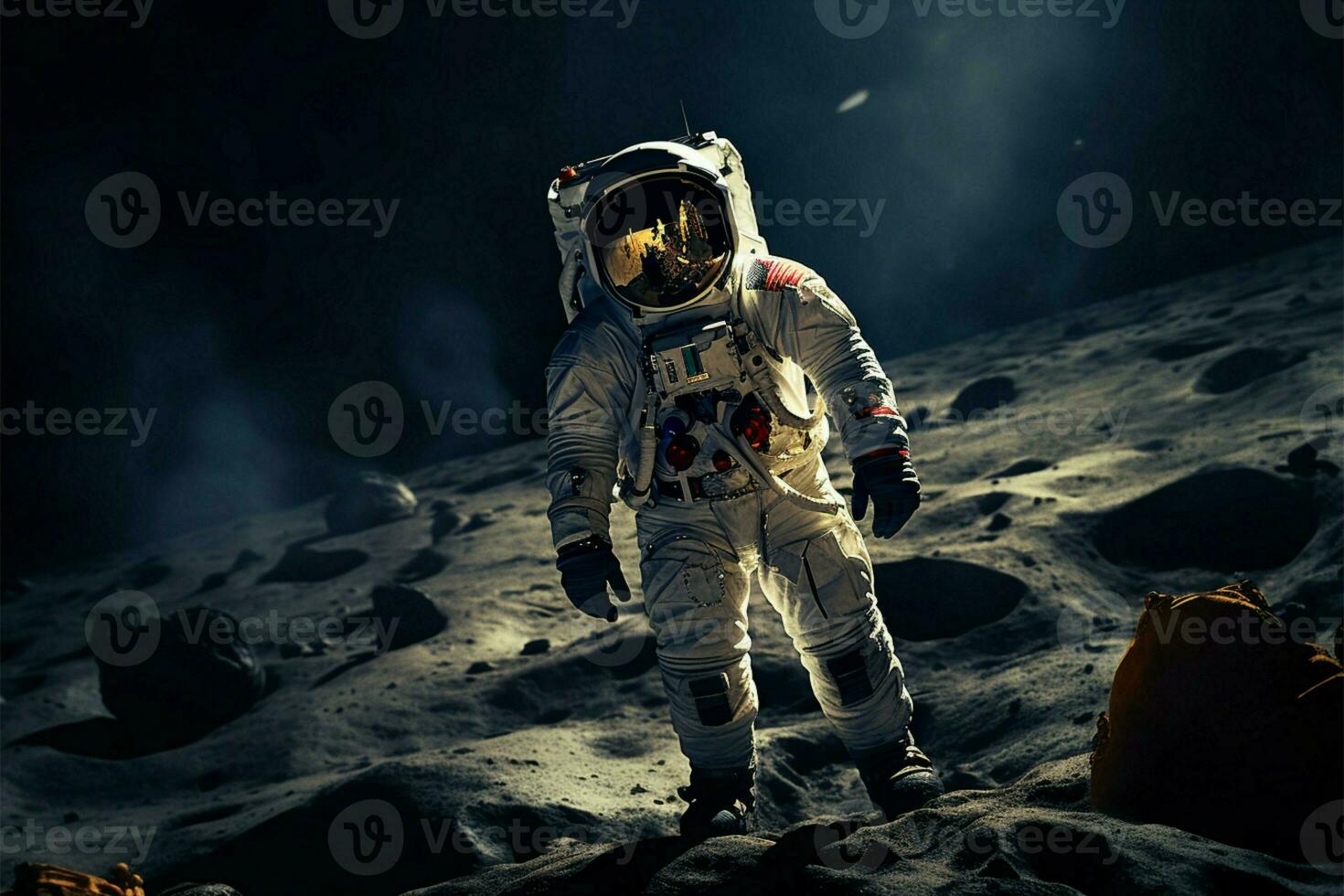 ai generado lunar exploración astronauta en espacio traje camina en el Luna foto