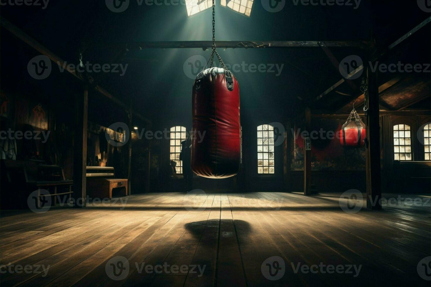 AI generated Vintage gym vibes Dark retro boxing bag in martial arts room photo