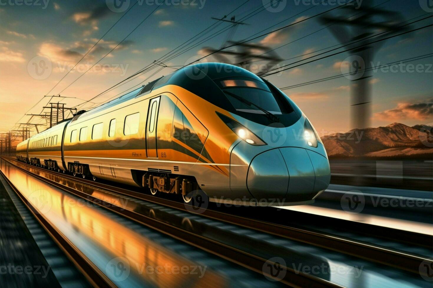 AI generated Speedy commute High speed train in motion on the railway photo