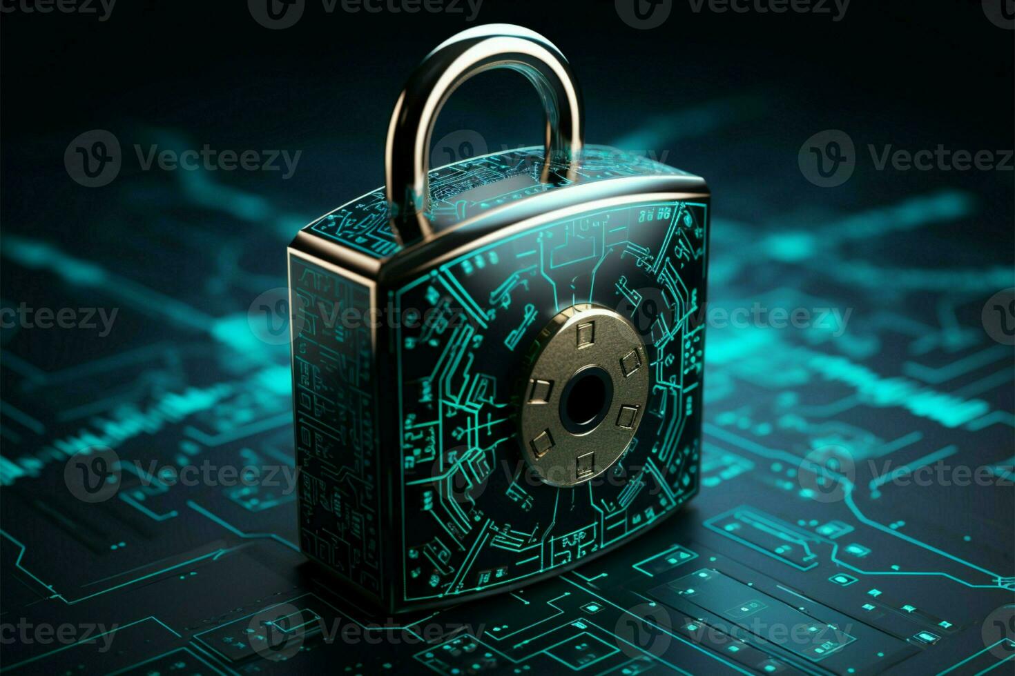 AI generated Virtual protection Cyber security concept with a padlock, 3D render photo