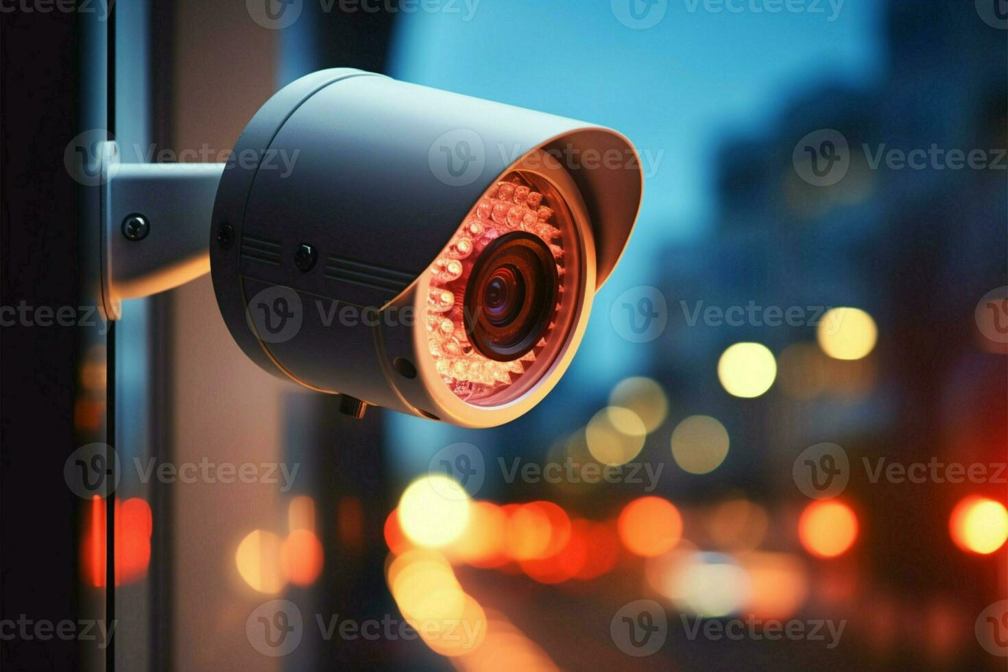 AI generated Watchful lens Security camera on window with bokeh light background photo