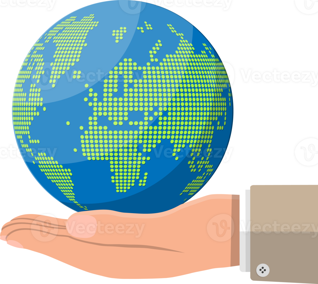 World map silhouette, globe in dots in hand png