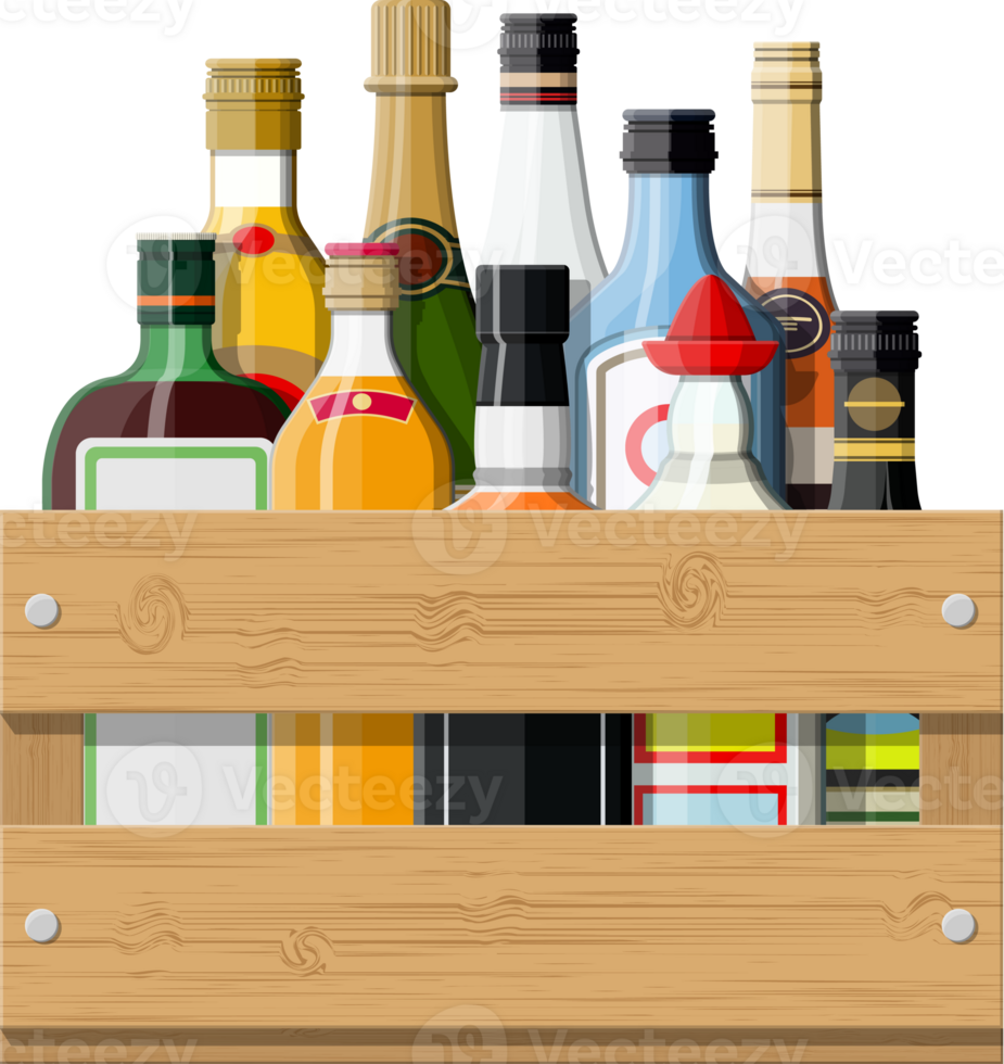 Alcohol drinks in bootle in wooden box png