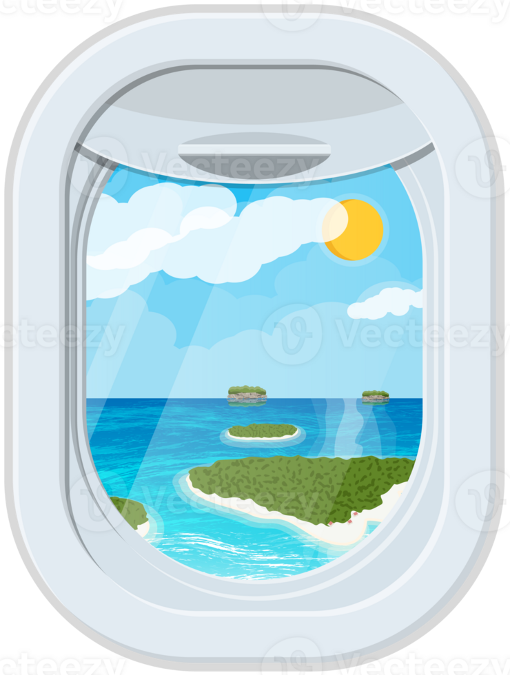 Window from inside airplane with tropical island png