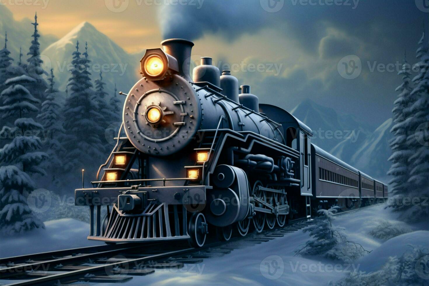 AI generated Forest expedition 3D illustration depicts a steam locomotive in winter scenery photo