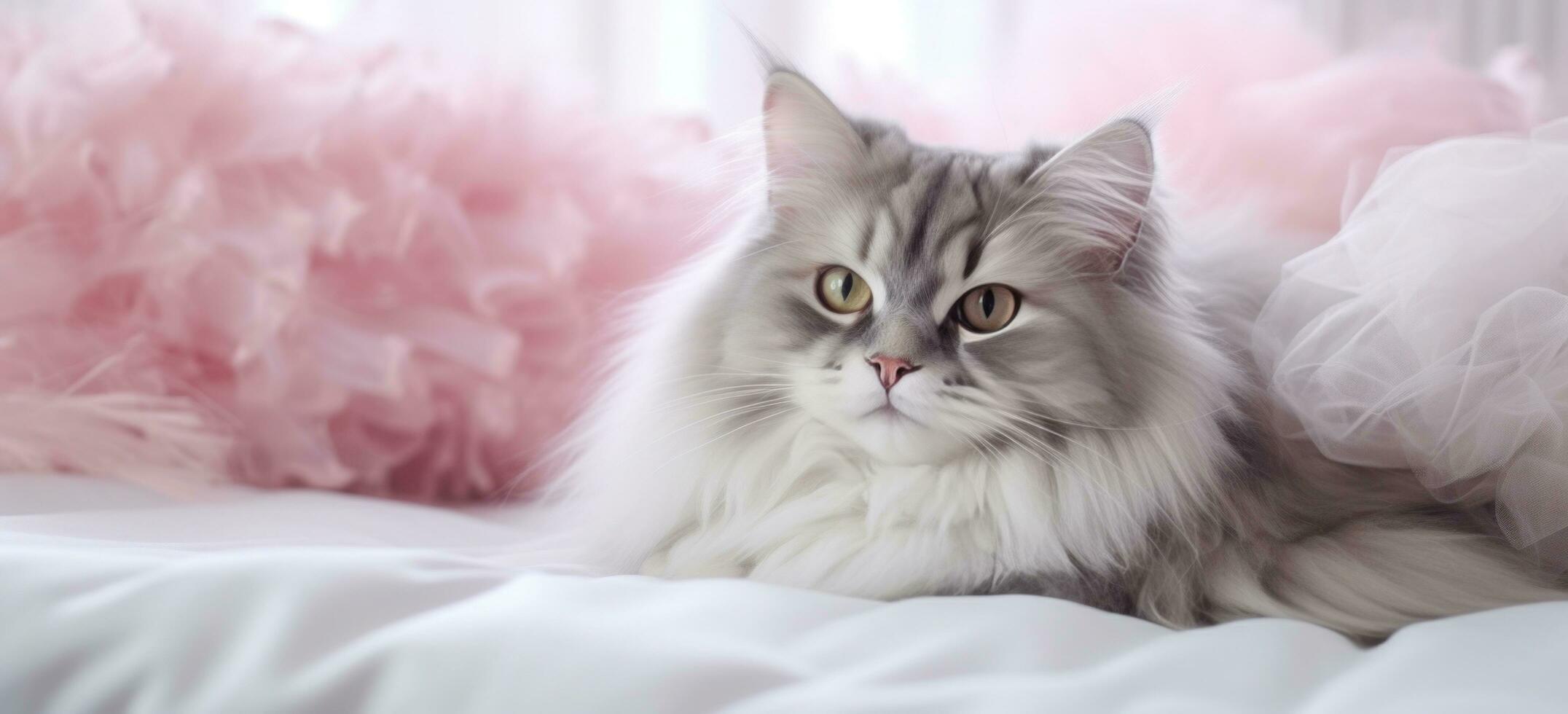 AI generated fluffy cat laying in bed with pink pillows photo