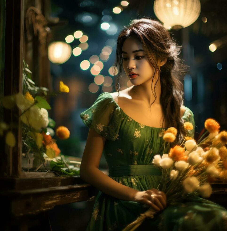 AI generated girl in a green dress or outfit, nostalgic atmosphere photo