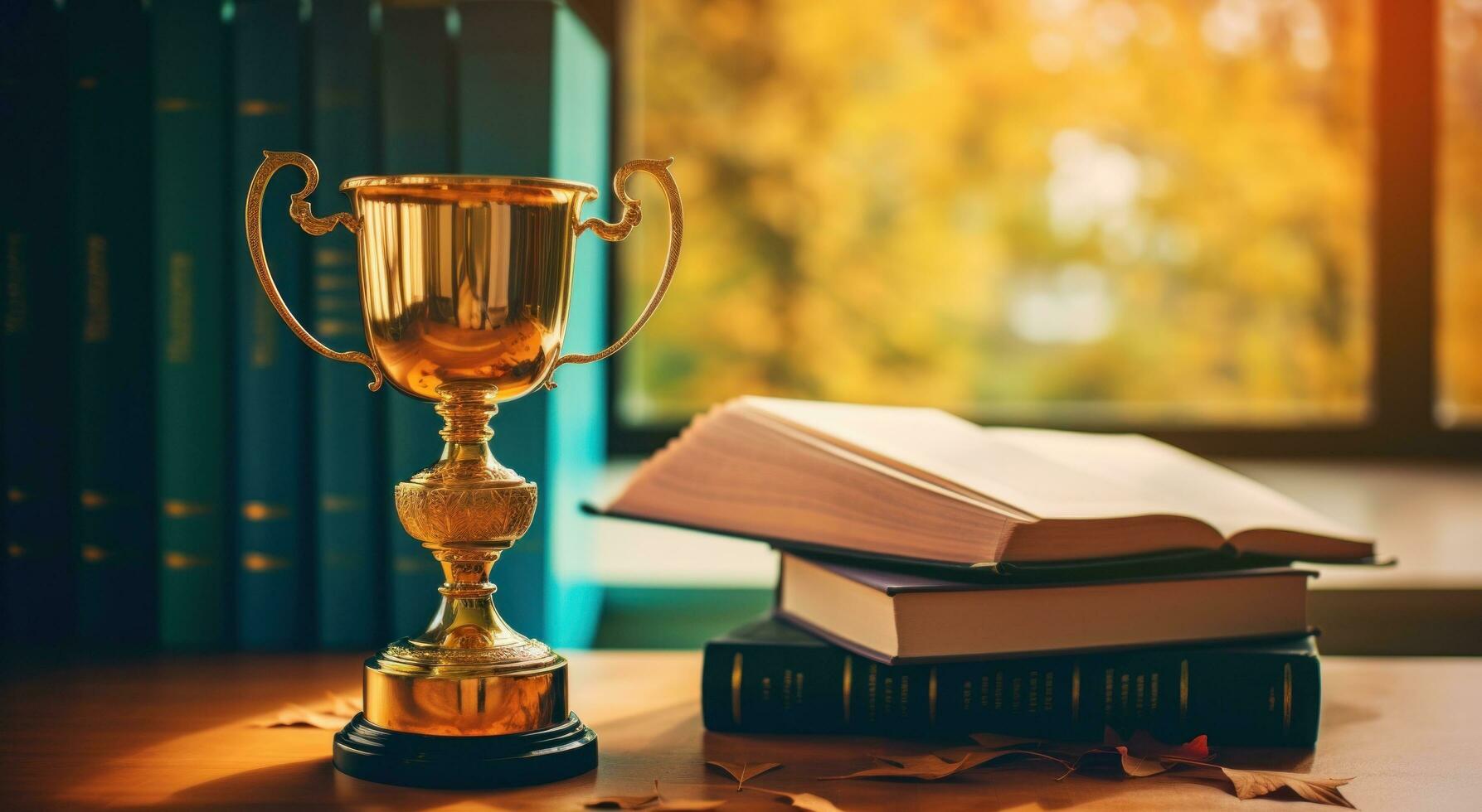AI generated image of cup sitting atop books on a table photo