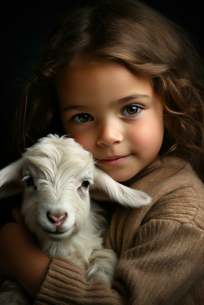 AI generated An adorable shot of a little girl hugging a baby goat, both of them looking into the camera photo