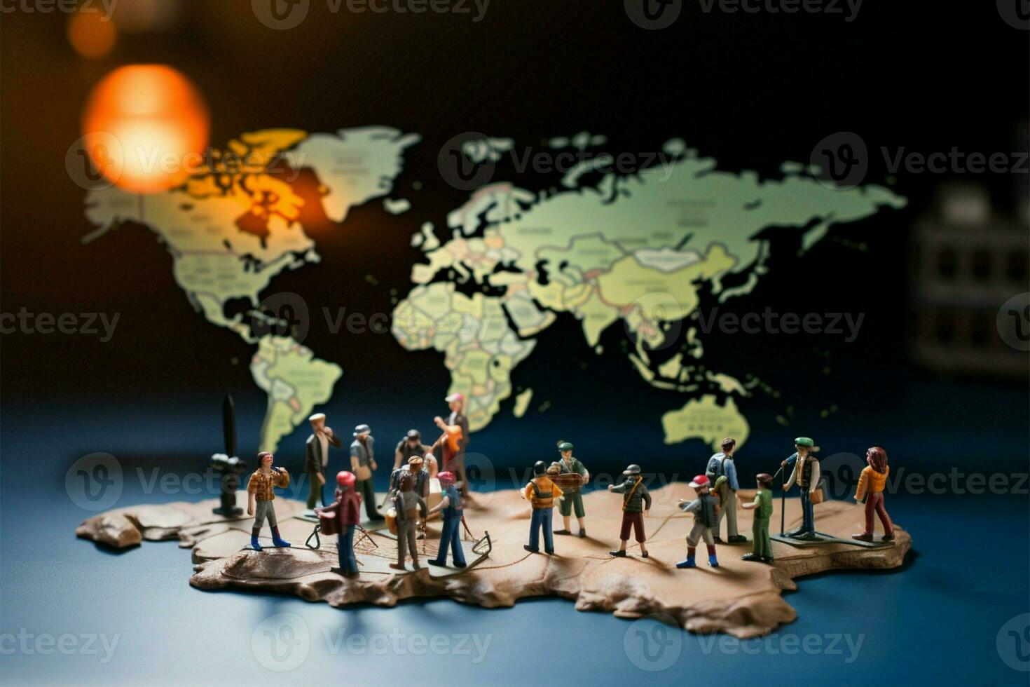 AI generated Travel the world Miniature travelers walking on a world map photo