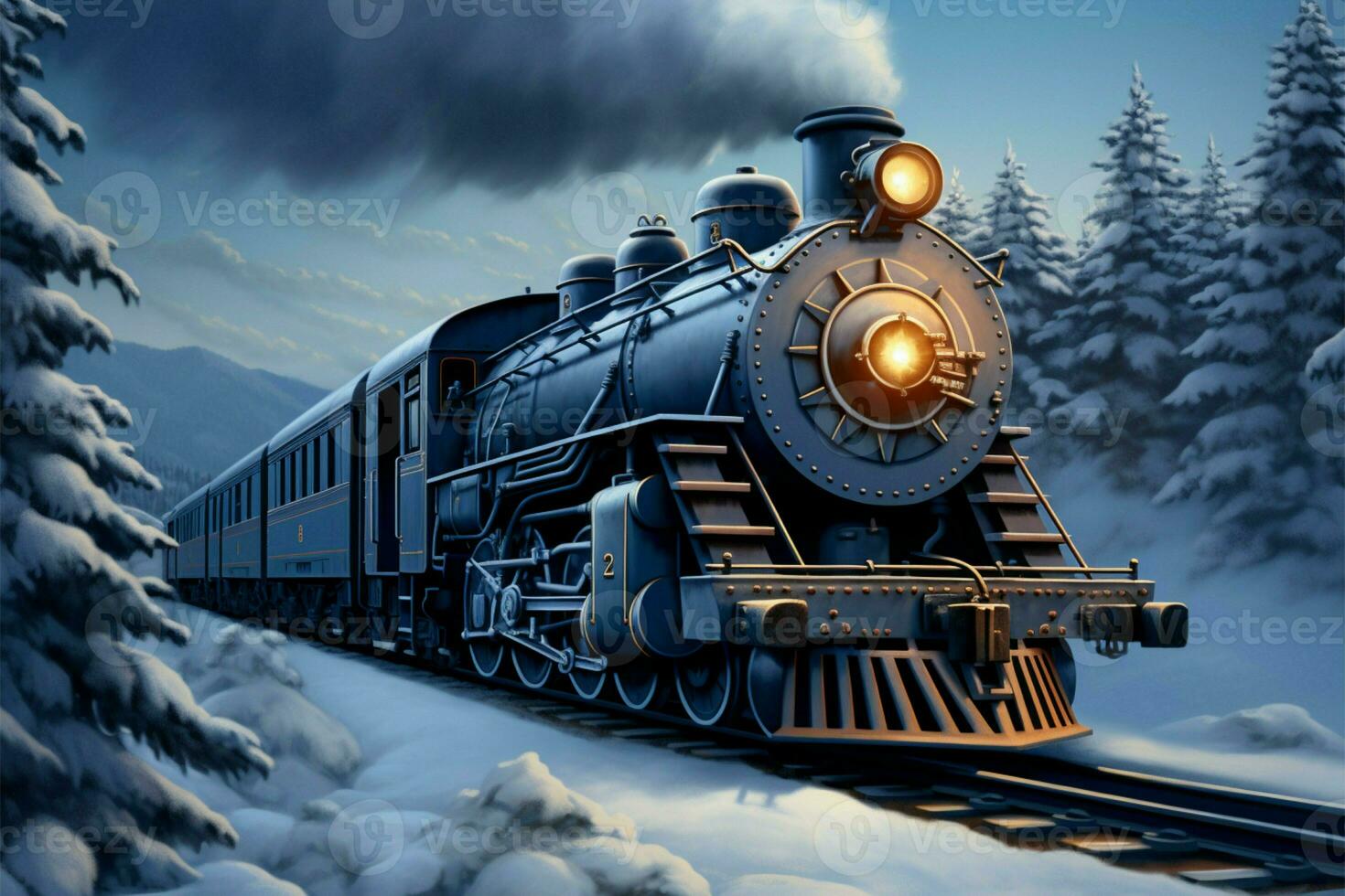 ai generado invierno ferrocarril 3d digital pintura capturas vapor locomotora en Nevado bosque foto
