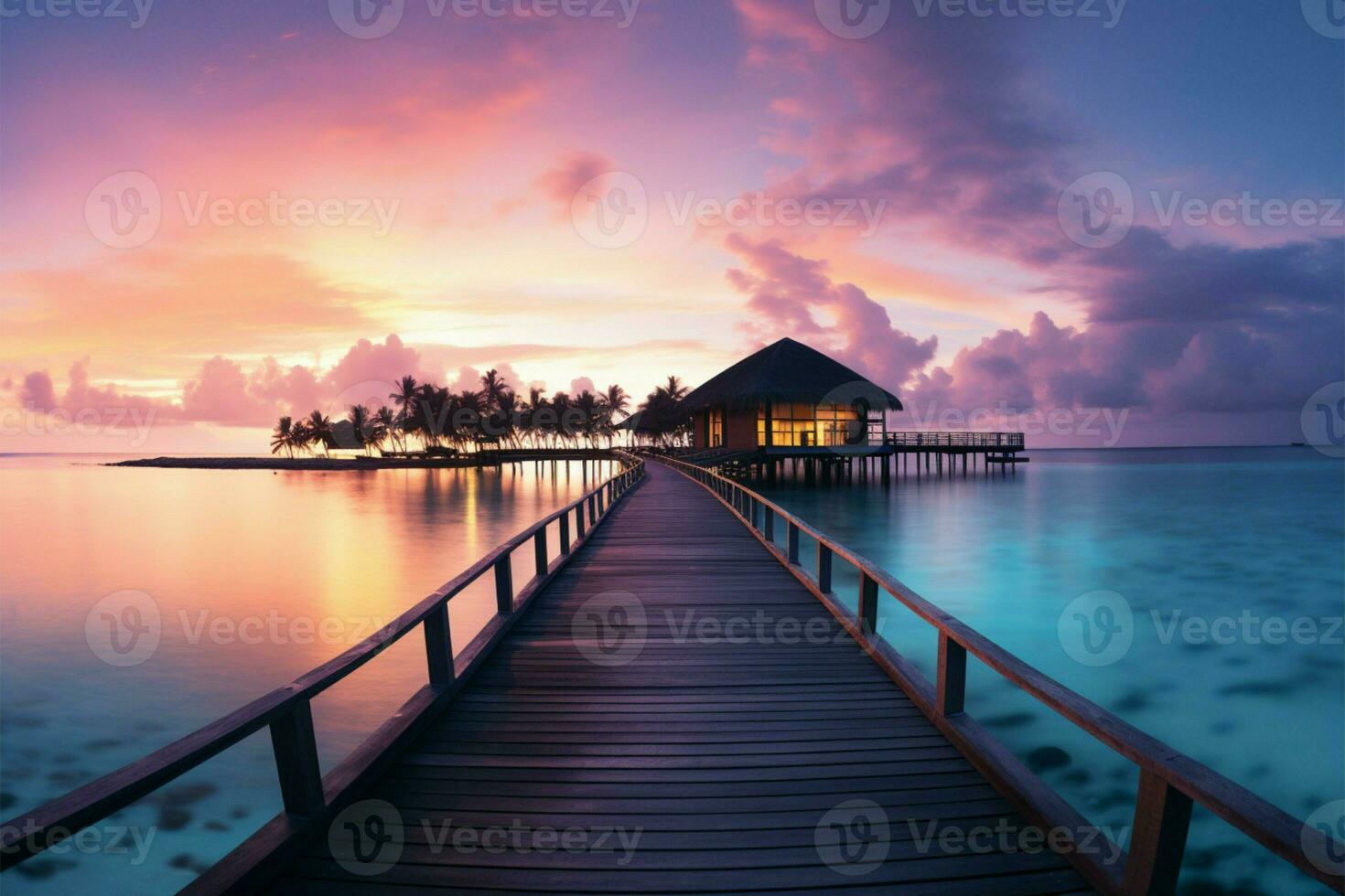 AI generated Maldives sunset Beach paradise with colorful skies, water villas, and tranquility photo