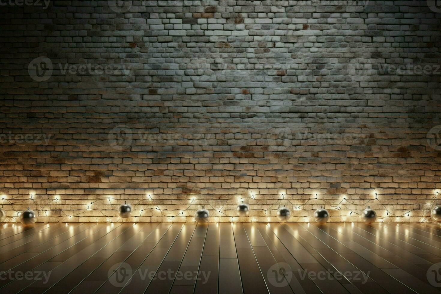 AI generated Holiday backdrop White brick wall adorned with sparkling lights photo
