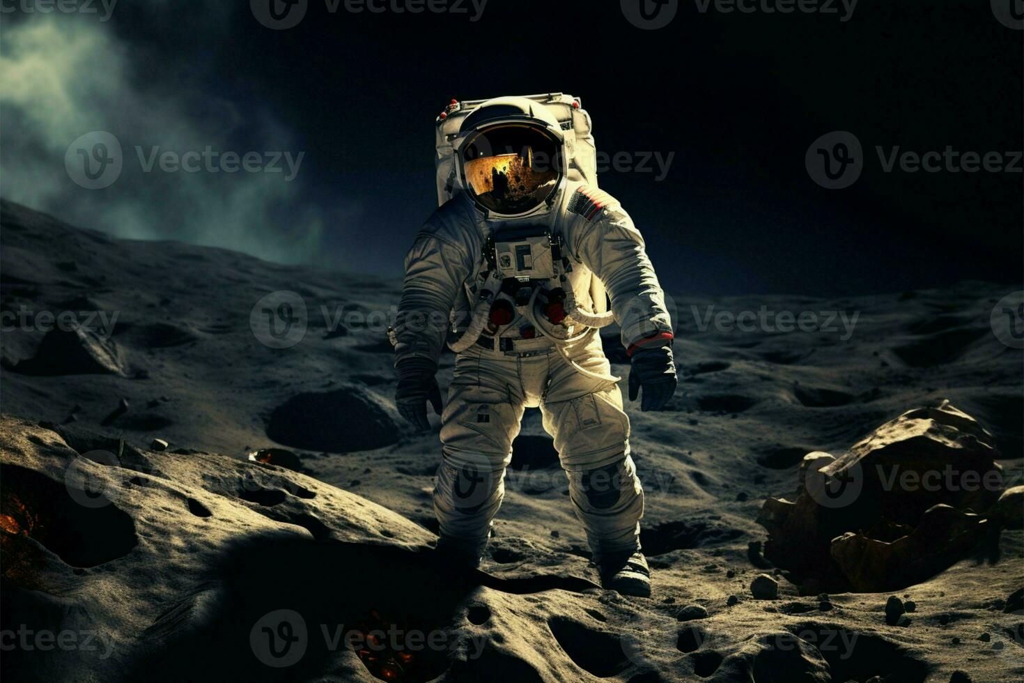 AI generated Astronomy odyssey Astronaut in space suit walks on the moon photo