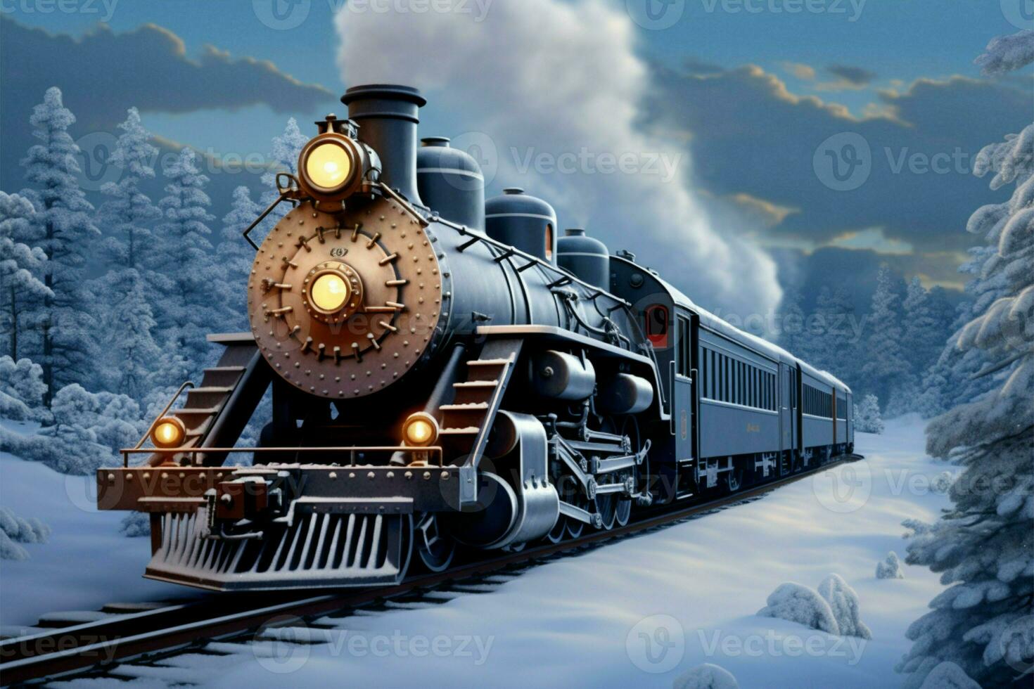 AI generated Digital winter scene Steam locomotive in snowy forest, 3D illustration photo