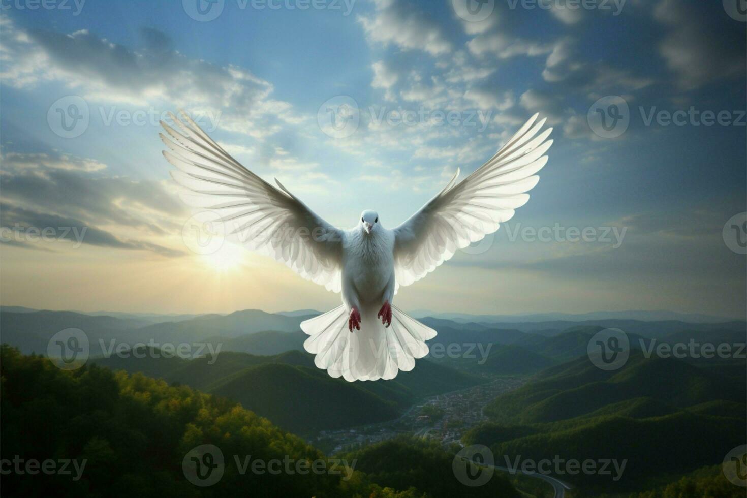 AI generated Feathered elegance Peaceful white dove soars high in the sky photo