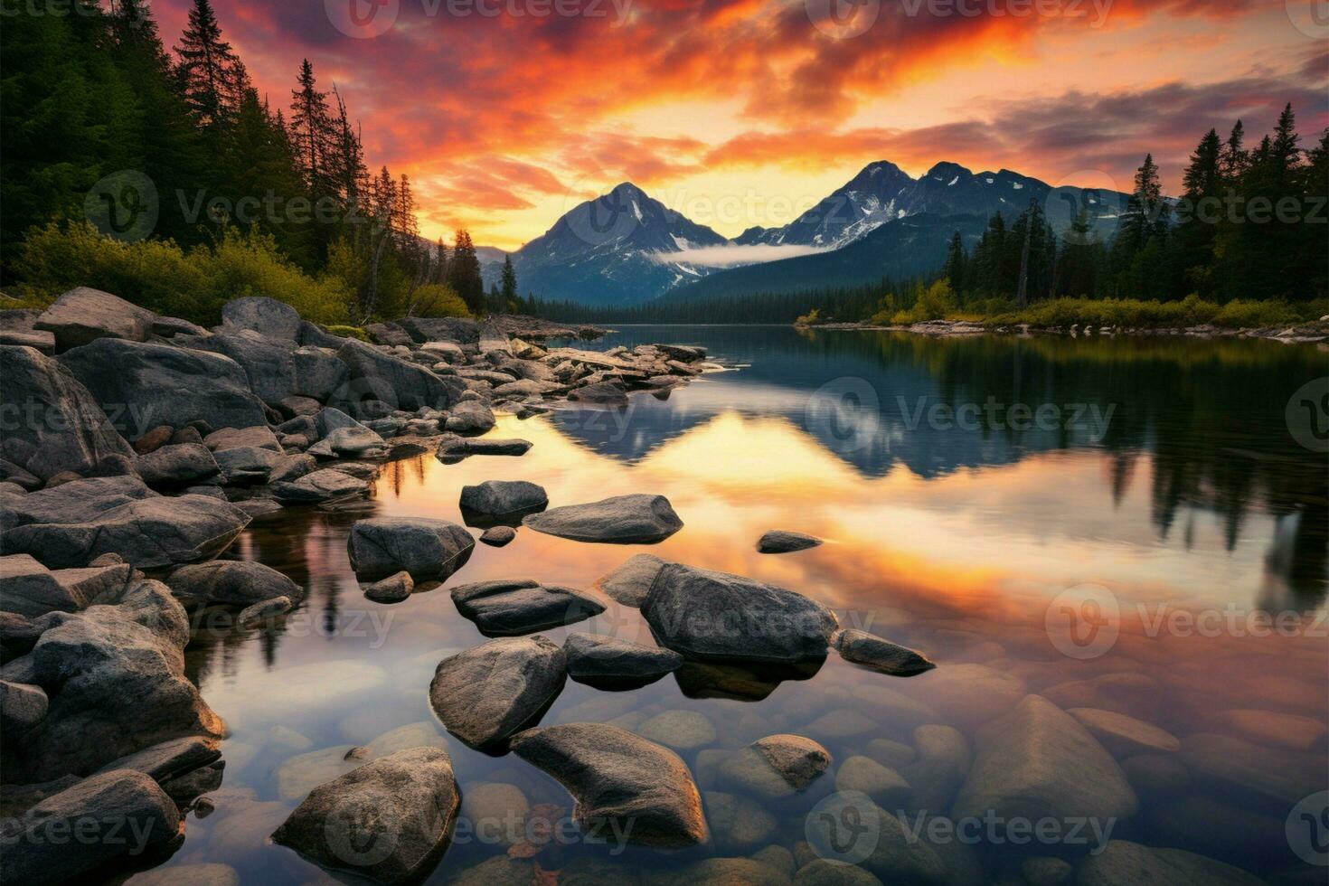 ai generado tatra tranquilidad montaña lago, vistoso atardecer, alto tatra picos escena foto