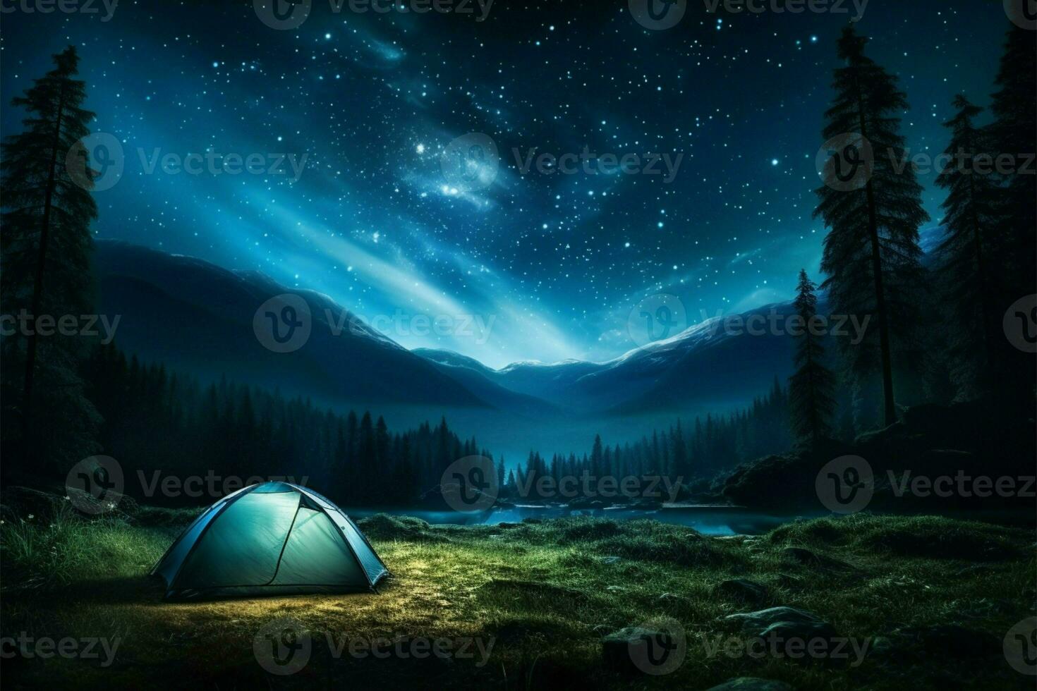 ai generado bosque cosmos estrellado noche naturaleza aventuras en el montañoso paisaje foto