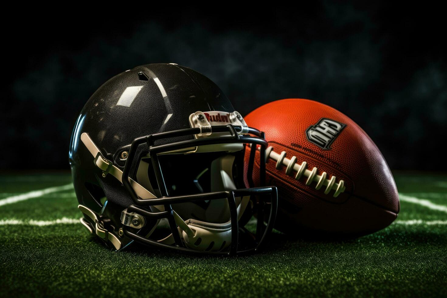 AI generated American football helmet and ball on green football field with dark background, American football and helmet on the field, AI Generated photo