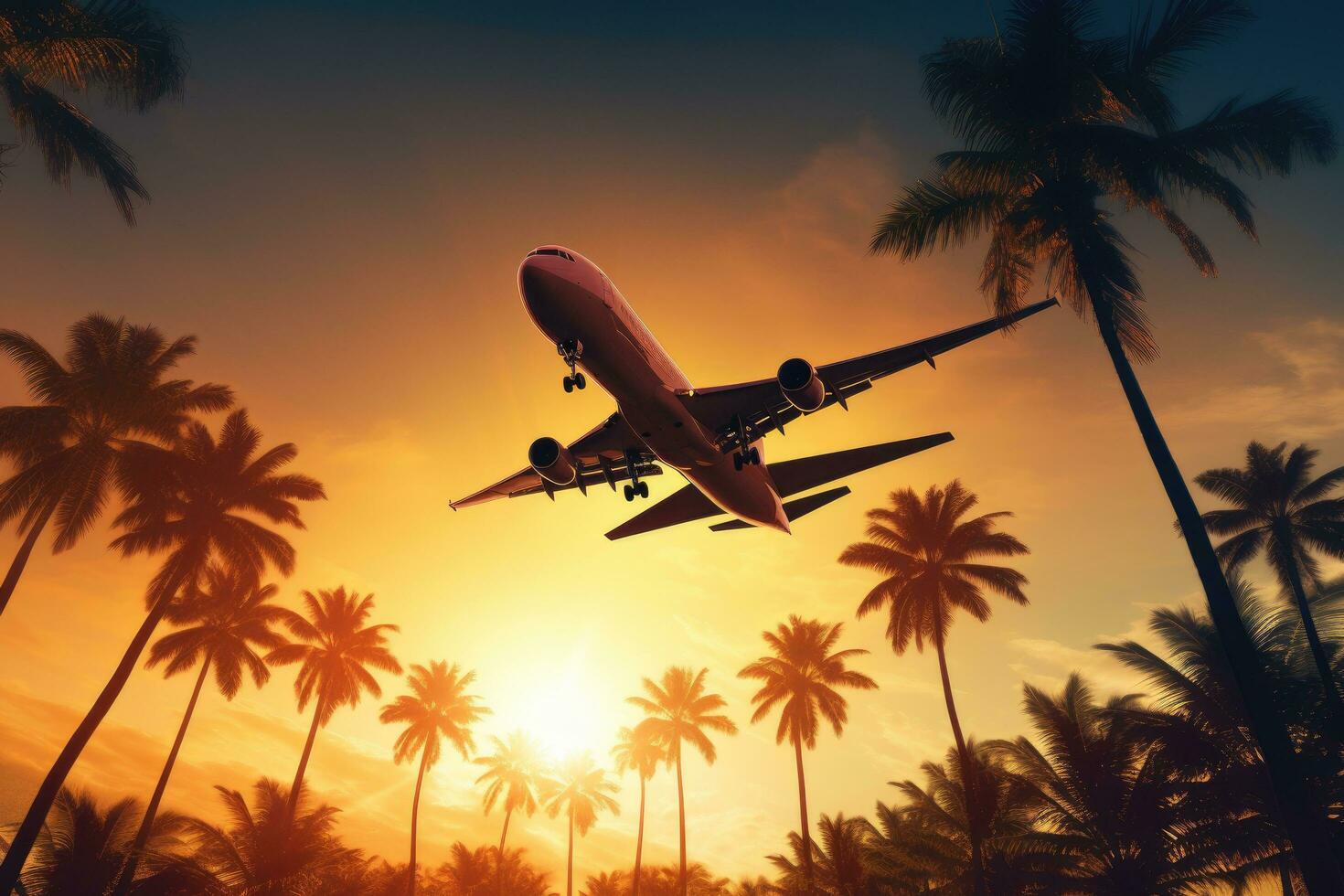 AI generated Silhouette of airplane flying over palm trees and sunset sky background, Airplane flying above palm trees in a clear sunset sky with sun rays, AI Generated photo