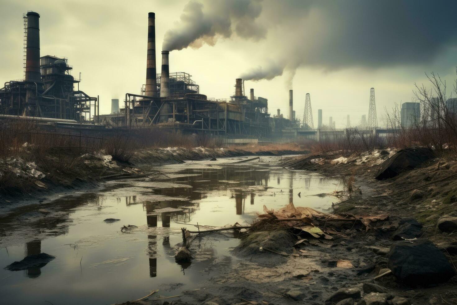 ai generado industrial paisaje con de fumar chimeneas en el banco de el río, abandonado fábrica en el medio de el río, concepto de ambiental contaminación, ai generado foto