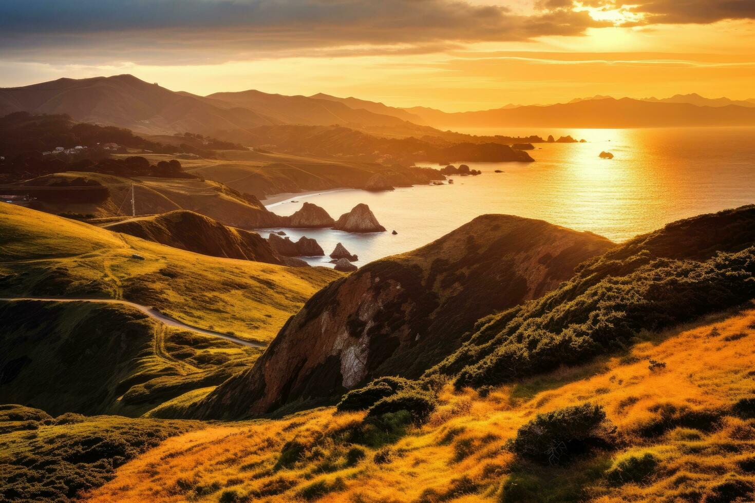 AI generated Sunset over the Pacific Ocean in San Francisco, California, USA, Aerial view of Marin Headlands and the Golden Gate Bay at sunset, AI Generated photo