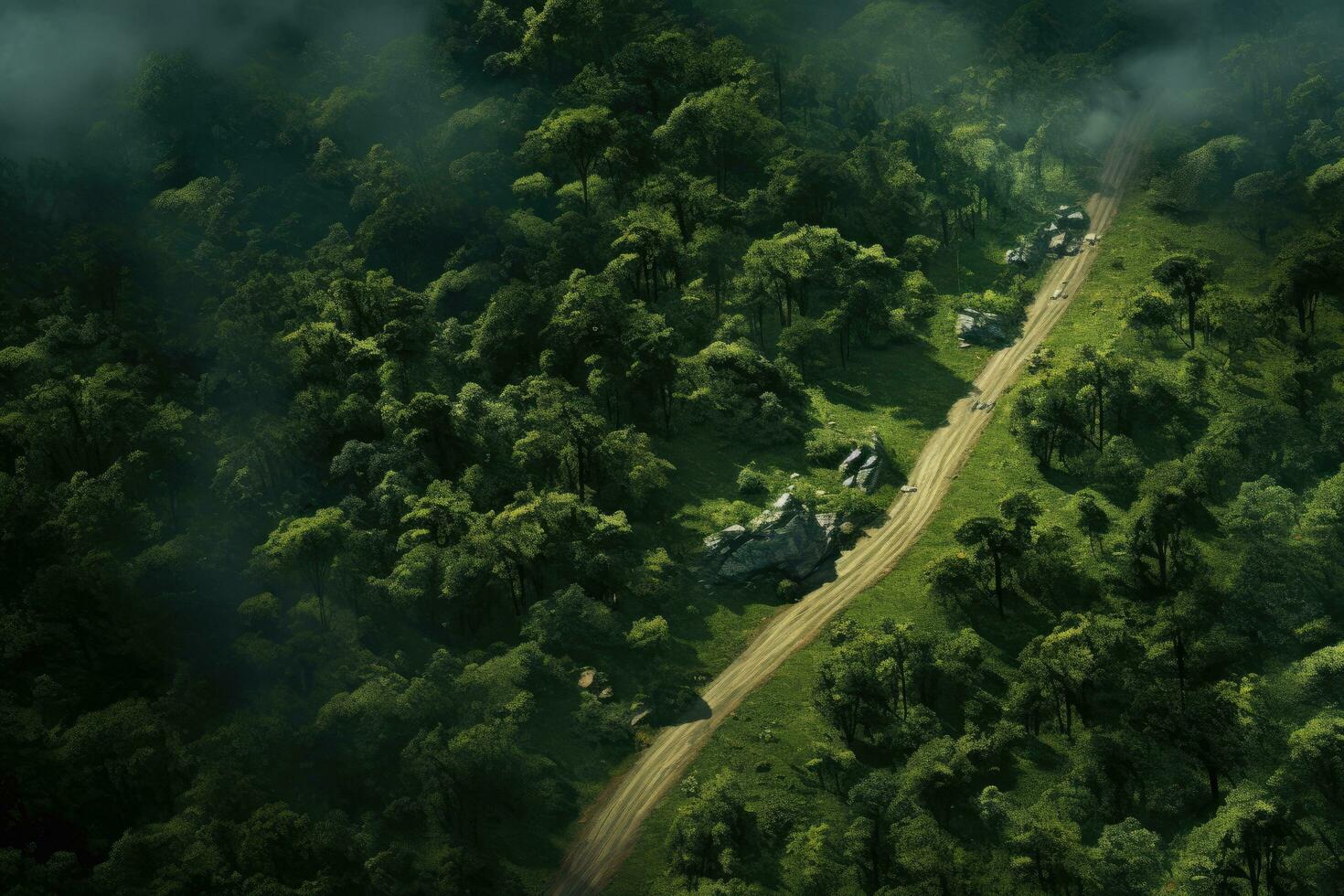 AI generated Aerial view of a mountain road in the middle of the forest, An aerial view captures a forest and road surrounded by nature, AI Generated photo