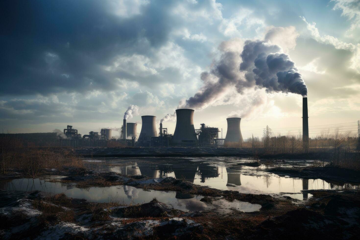 AI generated Cooling towers of a nuclear power plant at sunset. 3D rendering, Coal-fired power plant with plumes of smoke and steam rising from the cooling towers, AI Generated photo