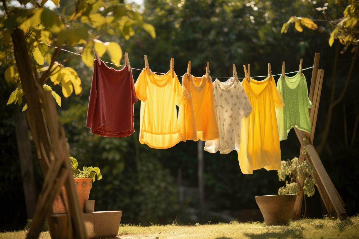 AI generated Laundry hanging on the clothesline in the garden, stock photo, After being washed, children's colorful clothing dries on a clothesline in the yard outside in the sunlight, AI Generated photo