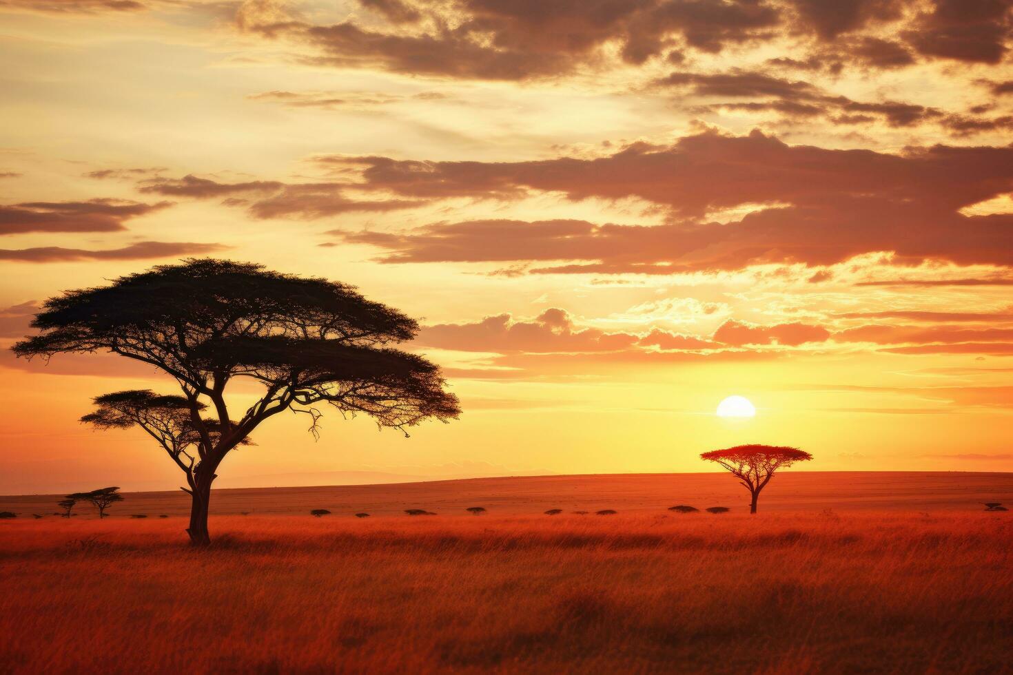 AI generated African savannah with acacia tree at sunset in Kenya, Africa, African savannah scene with acacia trees during sunset in Serengeti National Park, Tanzania, AI Generated photo