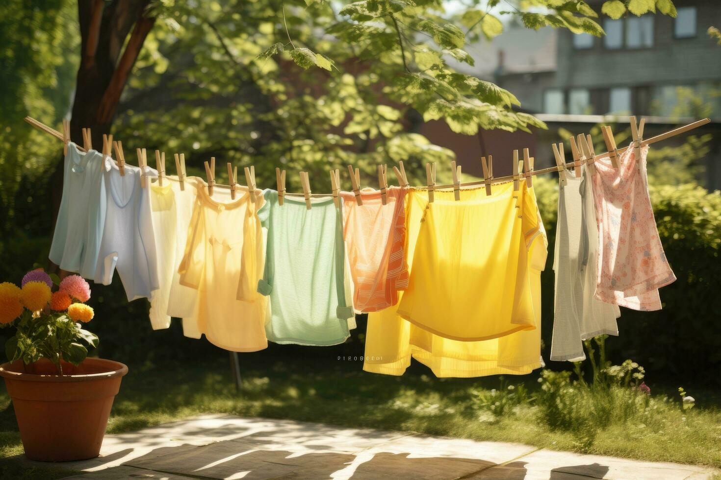 ai generado lavandería el secado en tendedero en verano jardín. lavandería día, después siendo lavado, para niños vistoso ropa se seca en un tendedero en el yarda fuera de en el luz de sol, ai generado foto