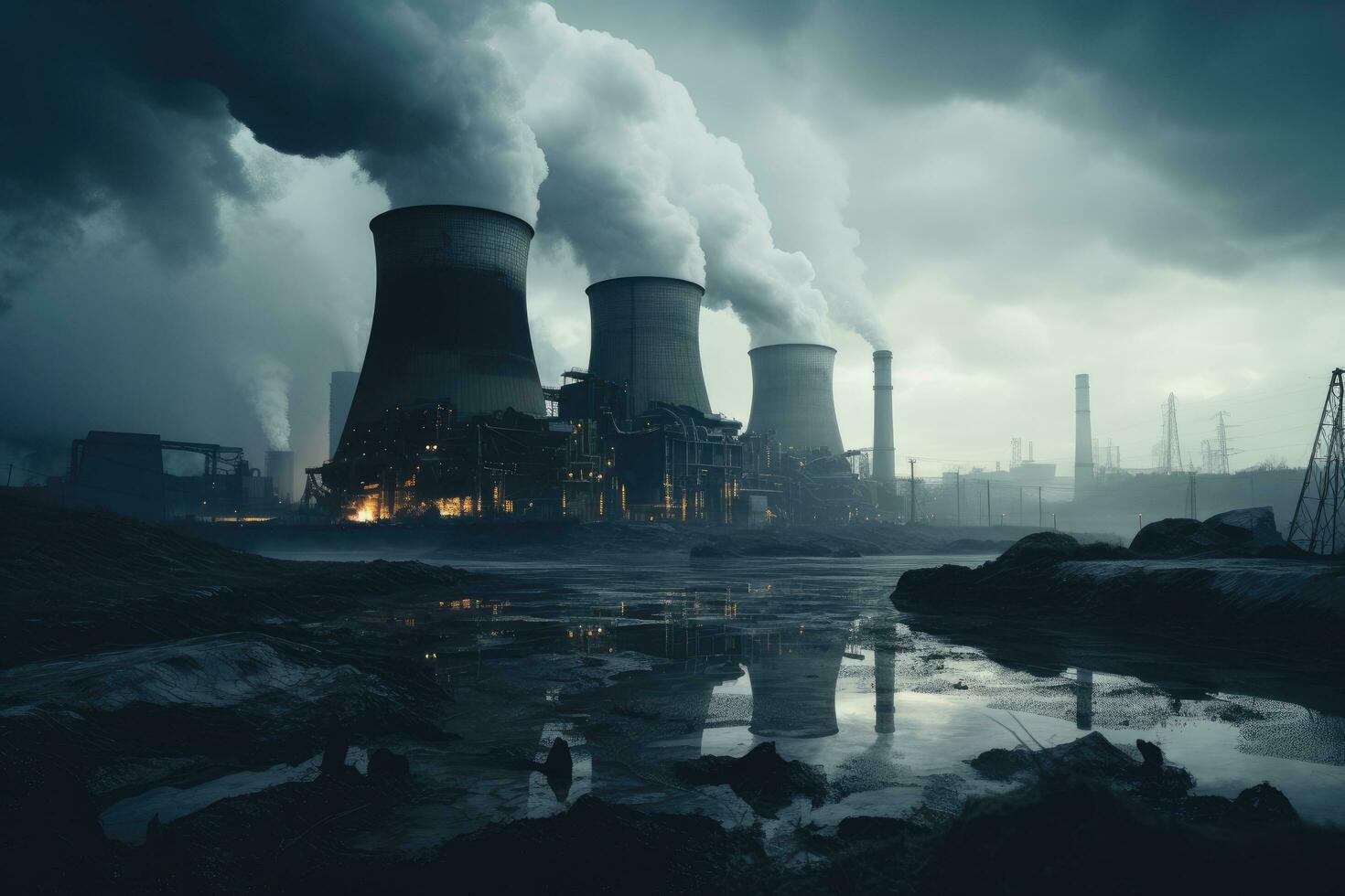 AI generated Industrial landscape with power plant. 3d rendering. toned image, Coal-fired power plant with plumes of smoke and steam rising from the cooling towers, AI Generated photo