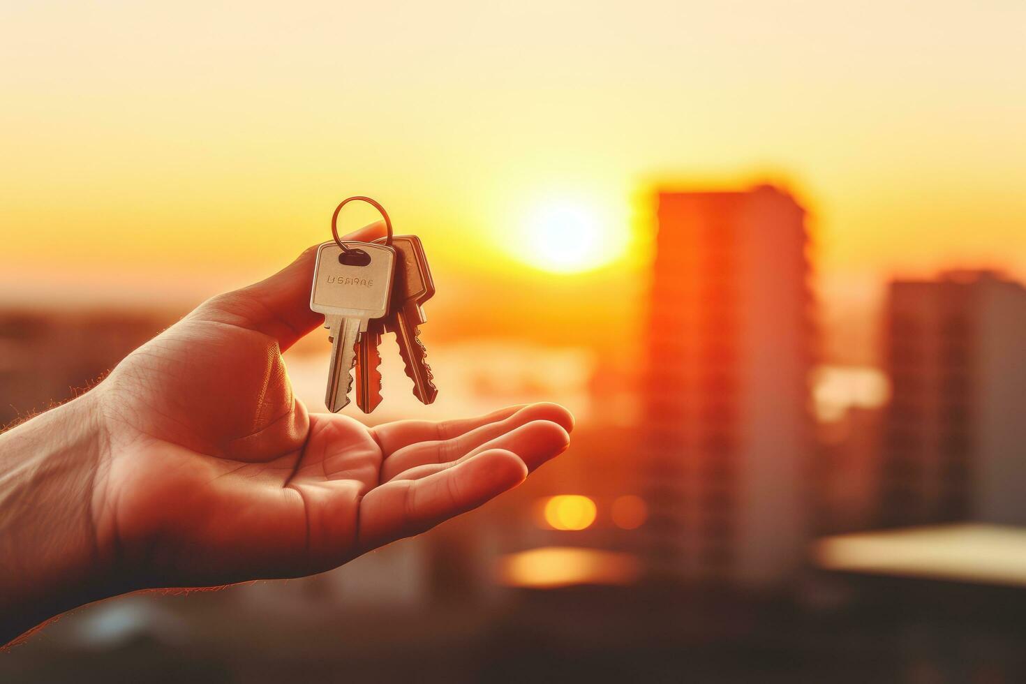 AI generated Key in hand on the background of the setting sun. The concept of real estate, Closeup of a hand with car keys, buy car concept, AI Generated photo