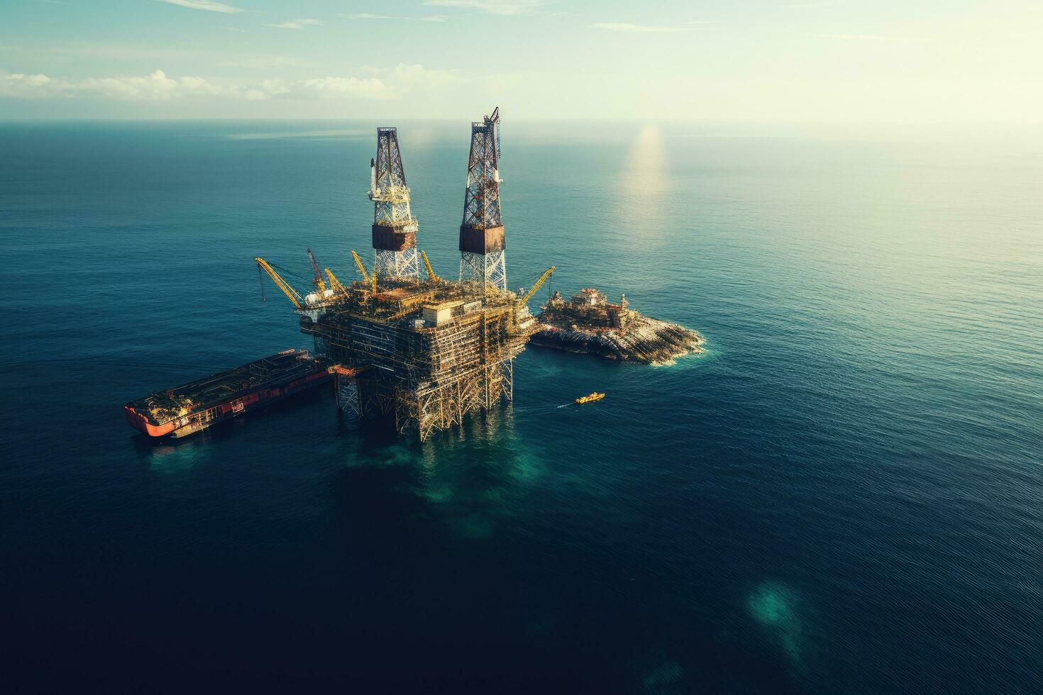 ai generado petróleo plataforma en el medio de el mar. 3d representación, aéreo ver de un petróleo y gas plataforma en el mar, representando el petróleo y gas industria, ai generado foto