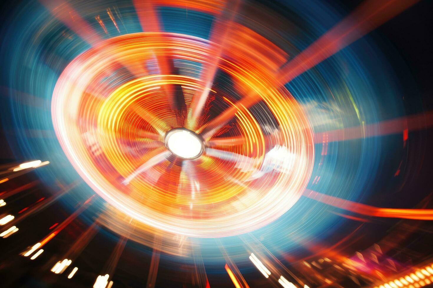 AI generated abstract background of speed motion blur carousel in motion at night, Abstract blur image of an illuminated Ferris wheel in an amusement park, AI Generated photo