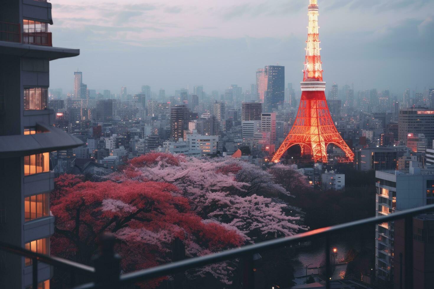 AI generated Tokyo Tower and cherry blossom at dusk, Tokyo, Japan, City view with Tokyo Tower, Tokyo, Japan, AI Generated photo