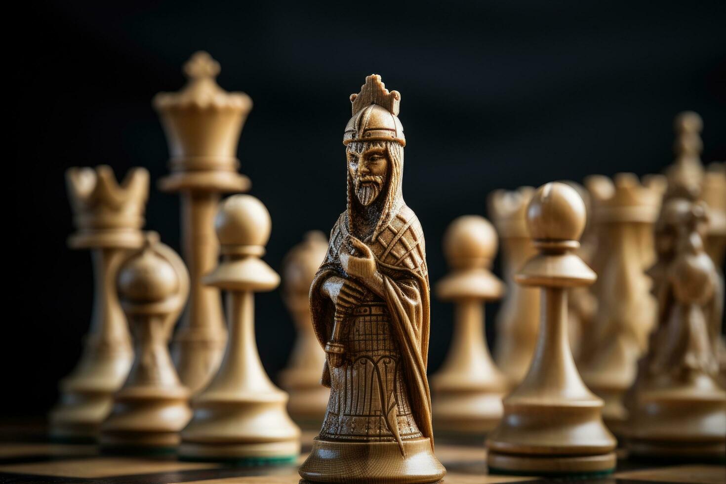 AI generated Wooden chess pieces on a black background. Selective focus, Closeup of chess pieces on the chessboard, AI Generated photo