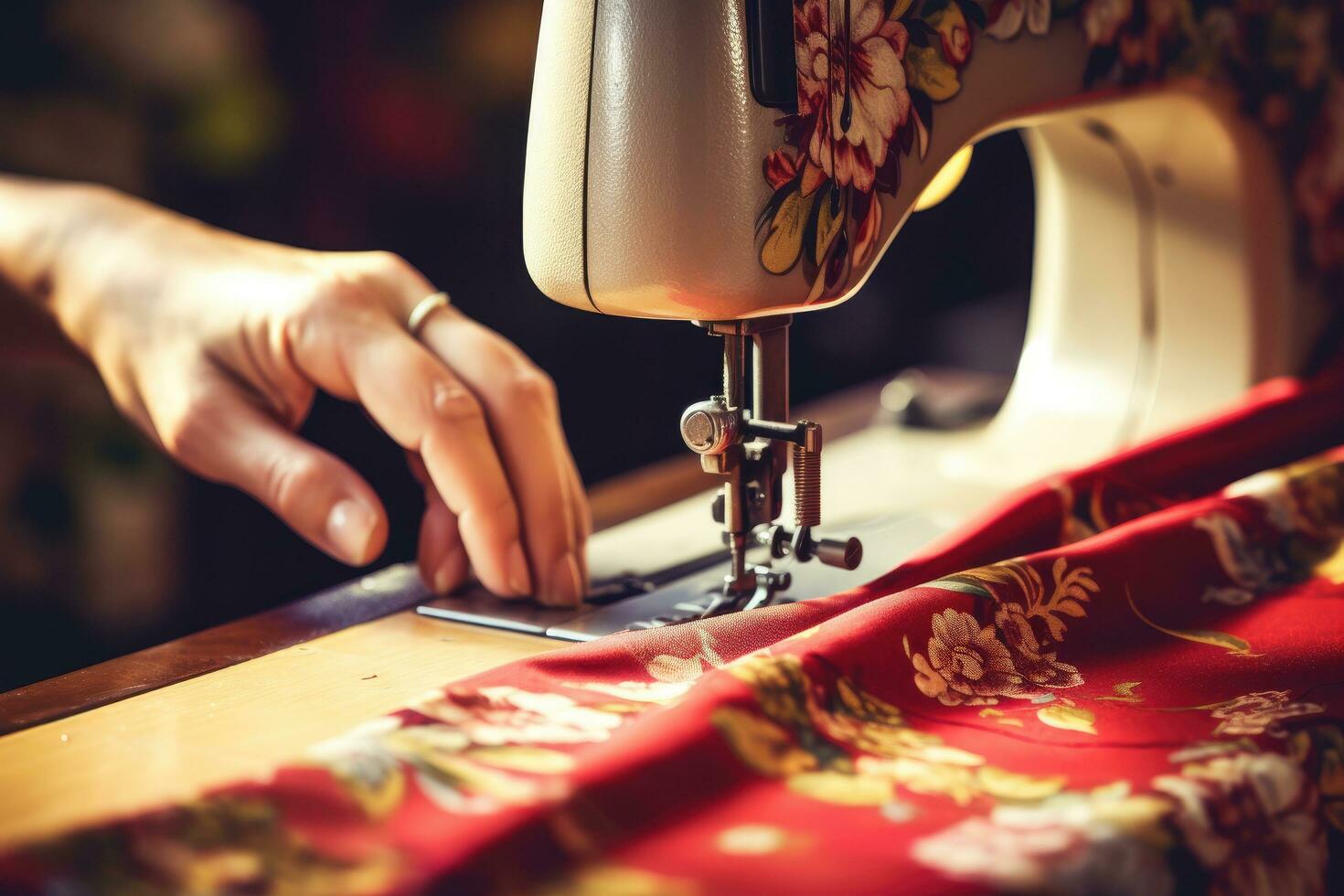 AI generated Close-up of a female hand sewing on a sewing machine, Close-up of a sewing machine and the hand of a seamstress working on fabric, AI Generated photo