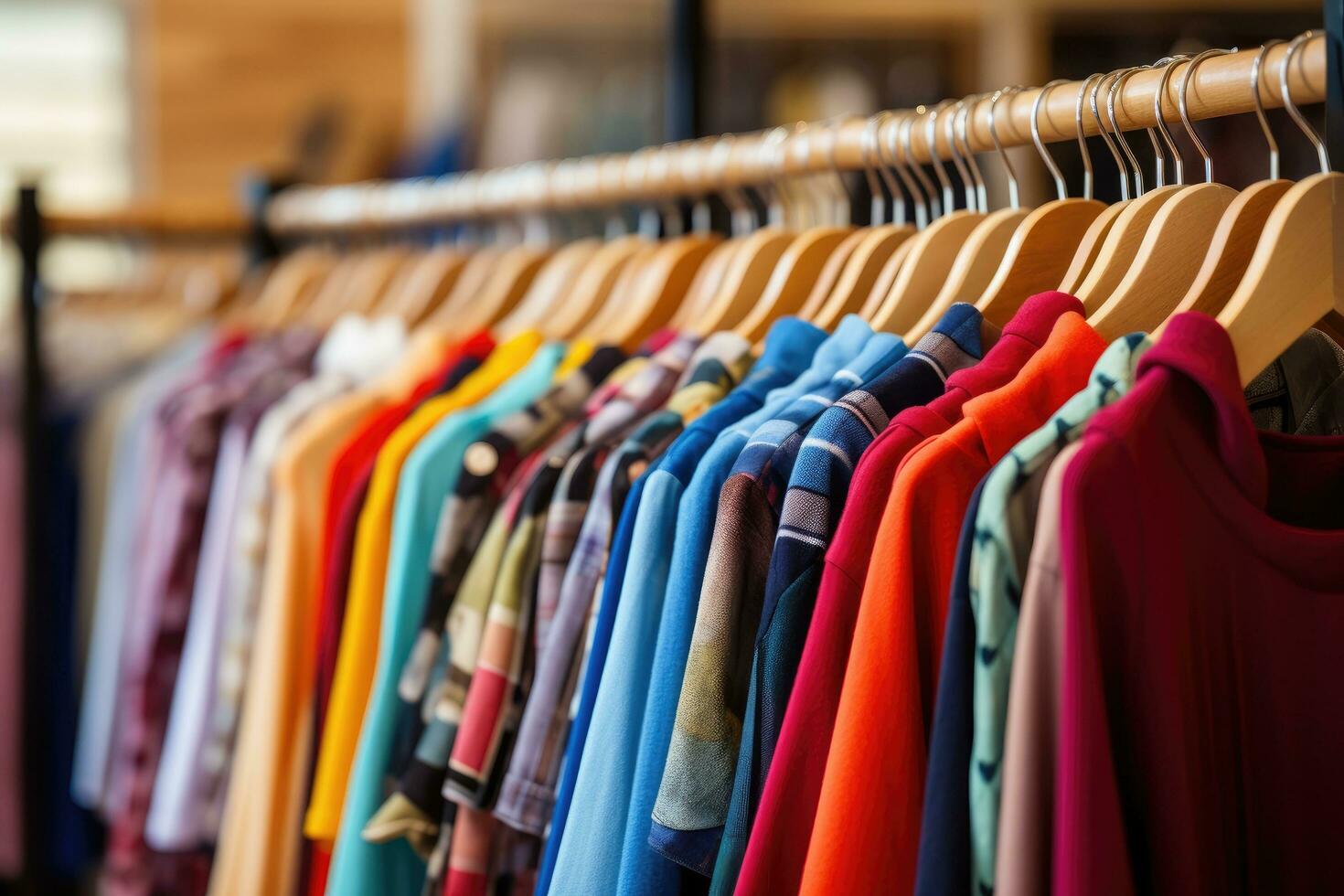 AI generated Colorful shirts on hangers in a fashion store, close up, Clothing on hangers in a fashion store, Shallow depth of field, AI Generated photo