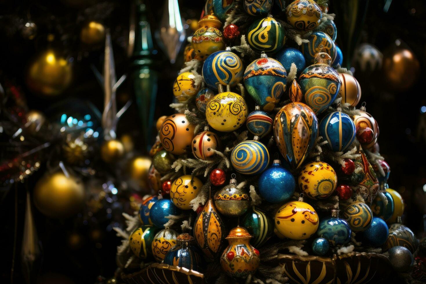 AI generated Christmas tree ornaments on the Christmas market in the city, Christmas tree with decorations, AI Generated photo