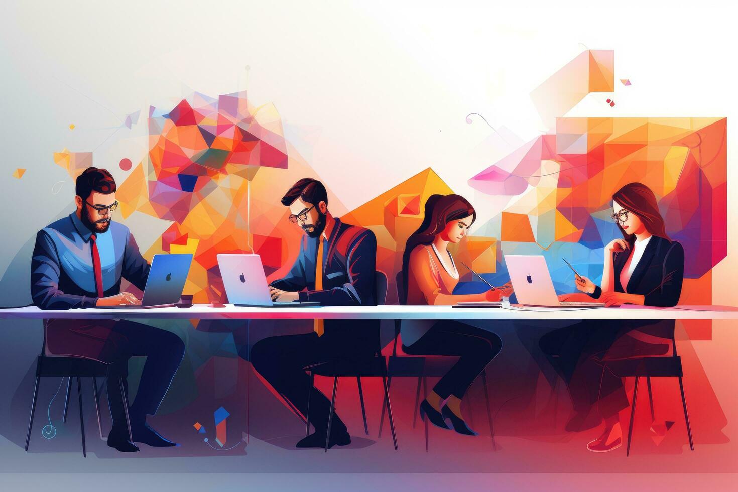 AI generated Conceptual image with people working on computers and gadgets in office, Capture a group of developers working in an office, surrounded by abstract illustrations, AI Generated photo